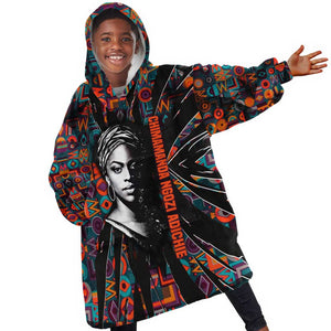 Chimamanda Ngozi Adichie Kid Wearable Blanket Hoodie with Monochrome Portrait, The Danger of a Single Story Quote - African Pride