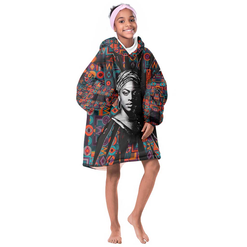 Chimamanda Ngozi Adichie Kid Wearable Blanket Hoodie with Monochrome Portrait, The Danger of a Single Story Quote - African Pride