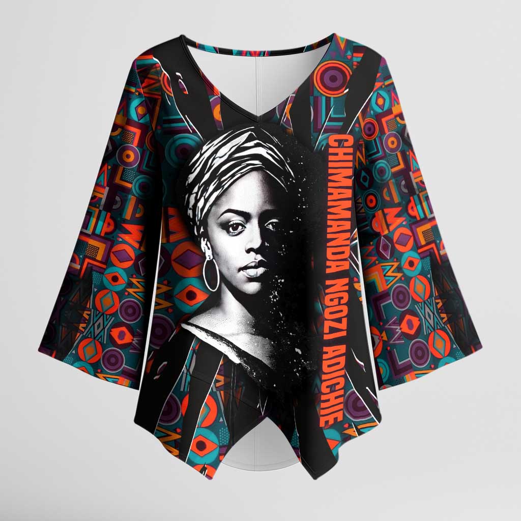Chimamanda Ngozi Adichie Kimono Sleeve Blouse with Monochrome Portrait, The Danger of a Single Story Quote - African Pride