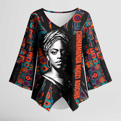 Chimamanda Ngozi Adichie Kimono Sleeve Blouse with Monochrome Portrait, The Danger of a Single Story Quote - African Pride