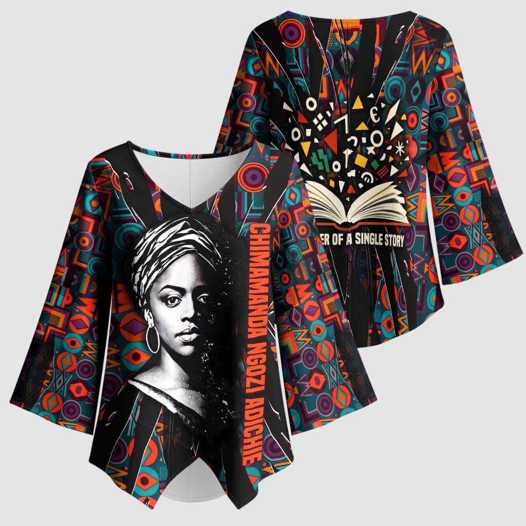 Chimamanda Ngozi Adichie Kimono Sleeve Blouse with Monochrome Portrait, The Danger of a Single Story Quote - African Pride