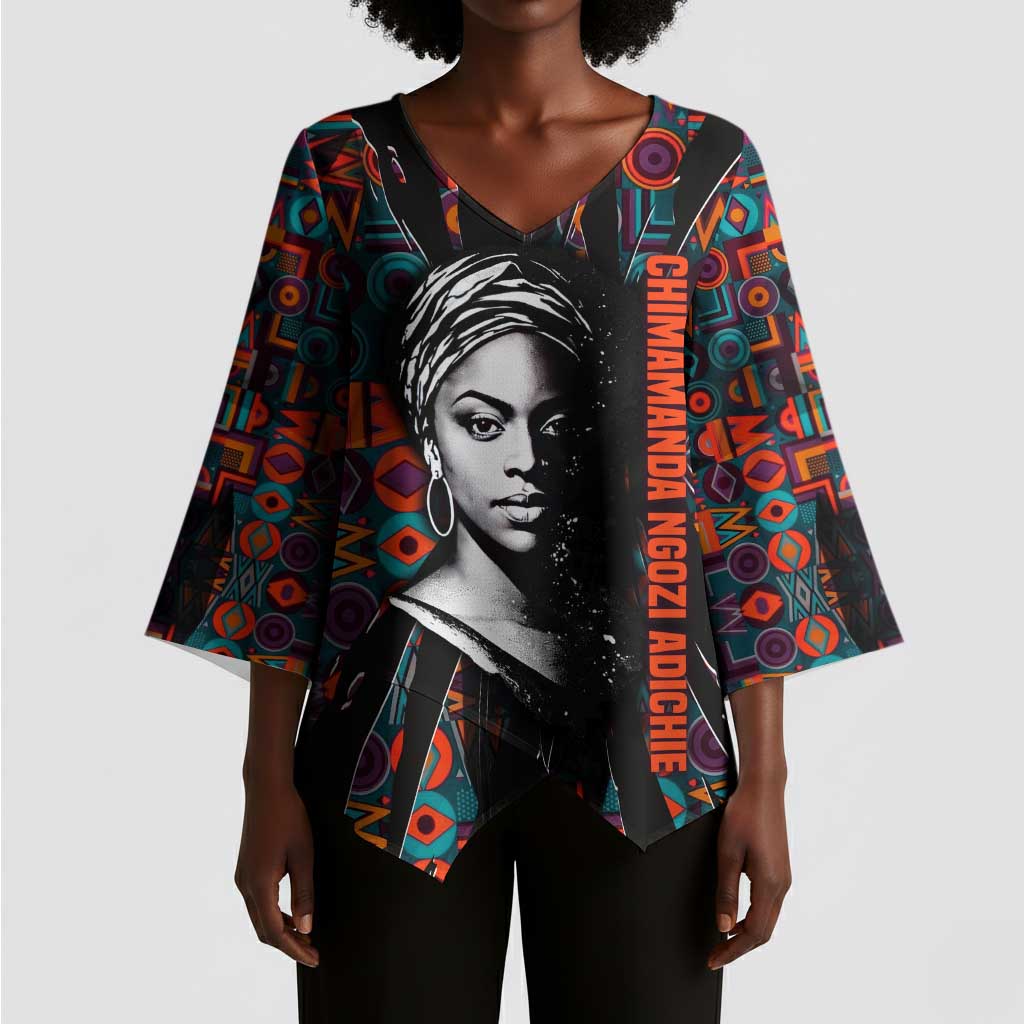 Chimamanda Ngozi Adichie Kimono Sleeve Blouse with Monochrome Portrait, The Danger of a Single Story Quote - African Pride