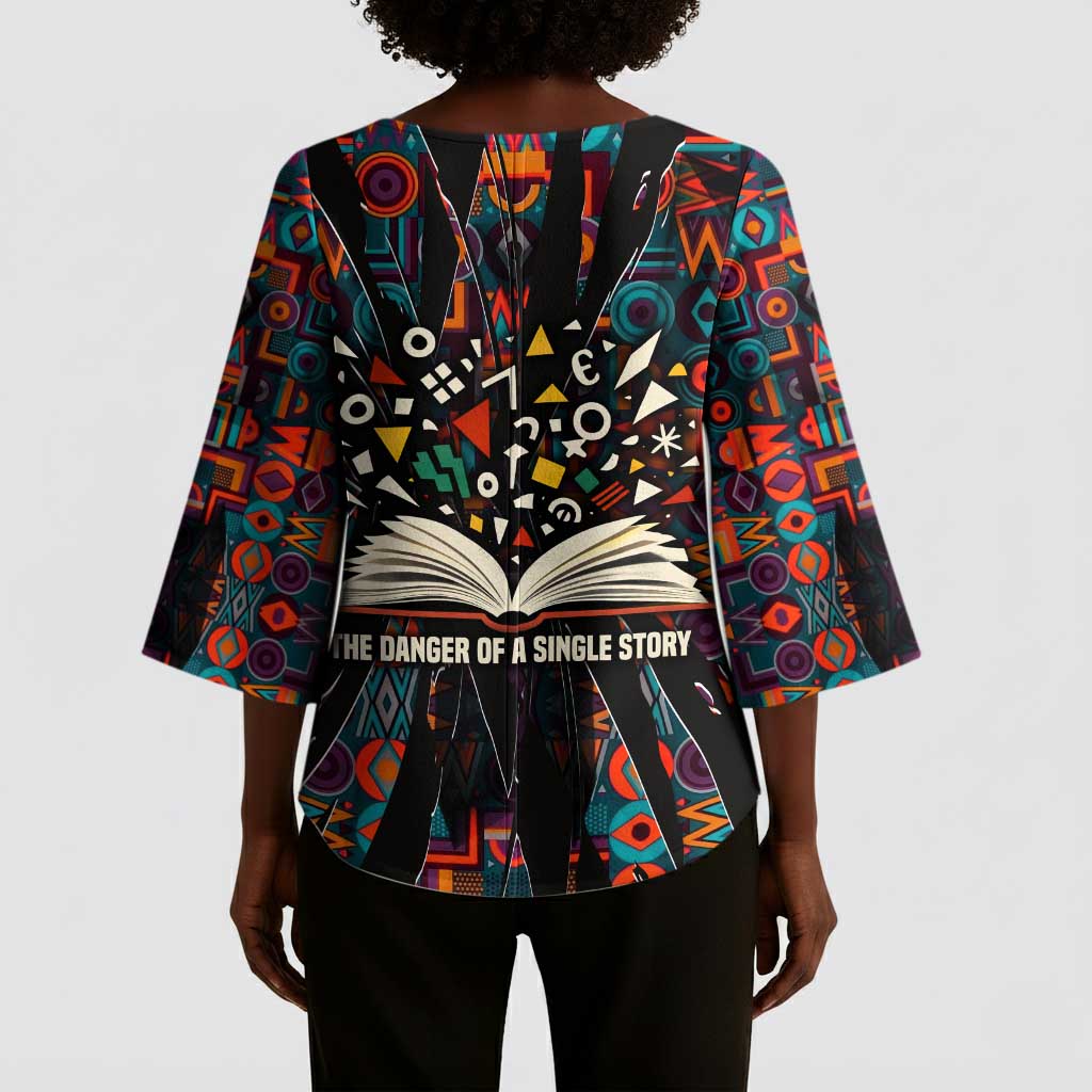 Chimamanda Ngozi Adichie Kimono Sleeve Blouse with Monochrome Portrait, The Danger of a Single Story Quote - African Pride