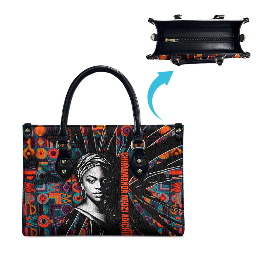 Chimamanda Ngozi Adichie Leather Bag with Monochrome Portrait, The Danger of a Single Story Quote - African Pride