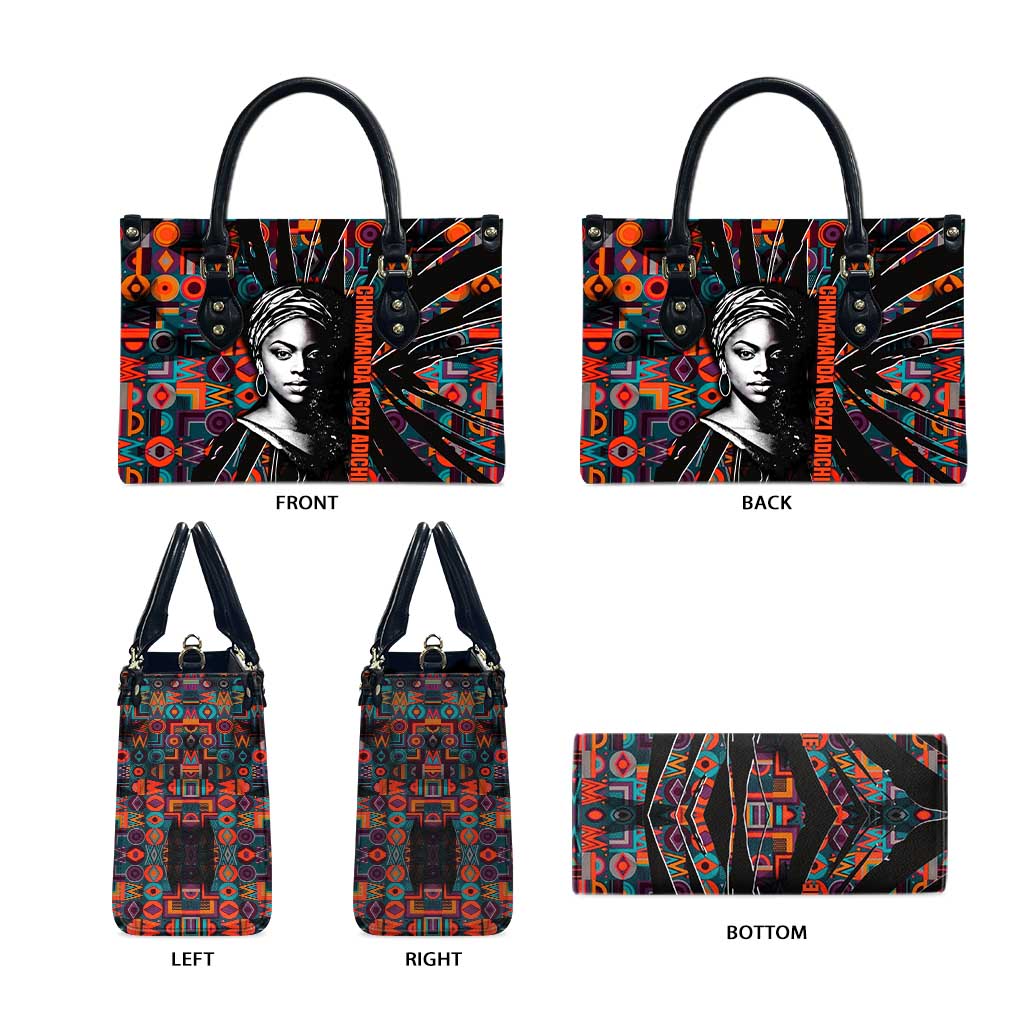 Chimamanda Ngozi Adichie Leather Bag with Monochrome Portrait, The Danger of a Single Story Quote - African Pride