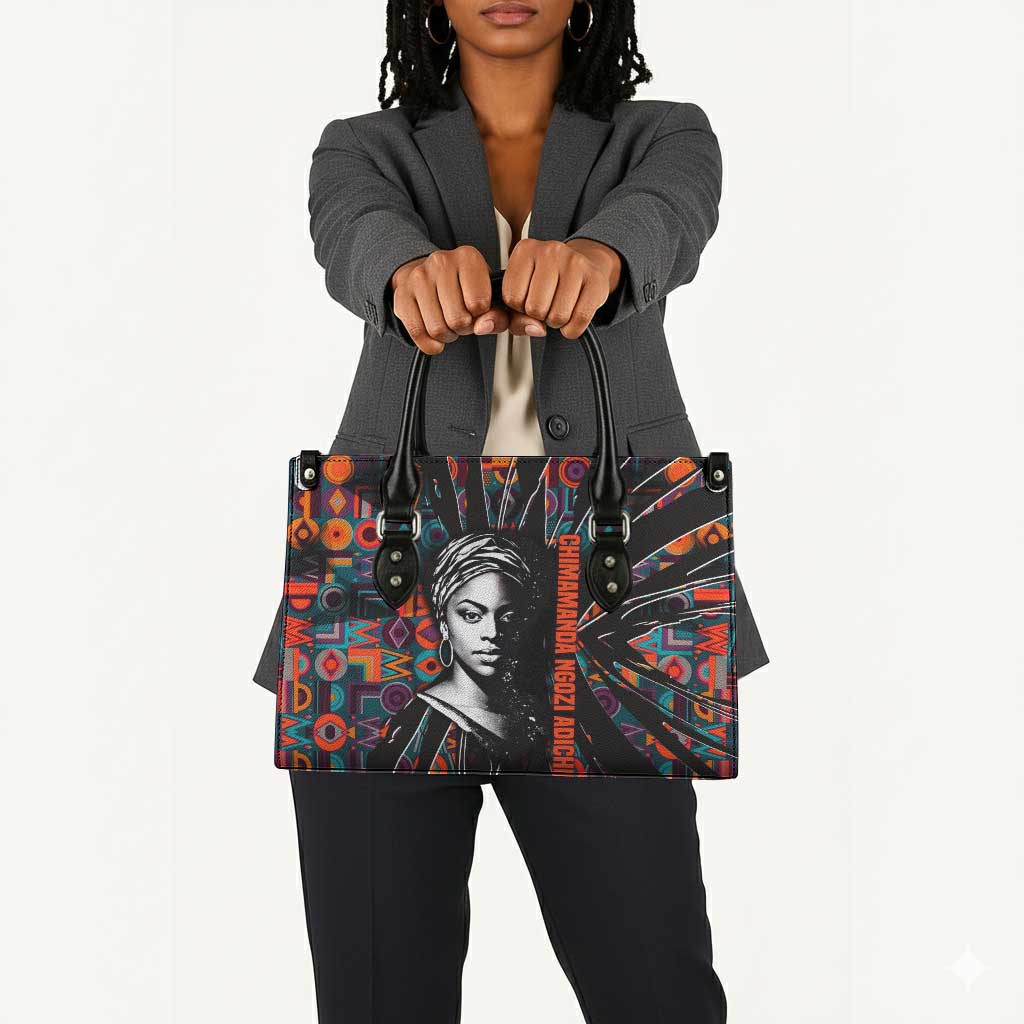 Chimamanda Ngozi Adichie Leather Bag with Monochrome Portrait, The Danger of a Single Story Quote - African Pride