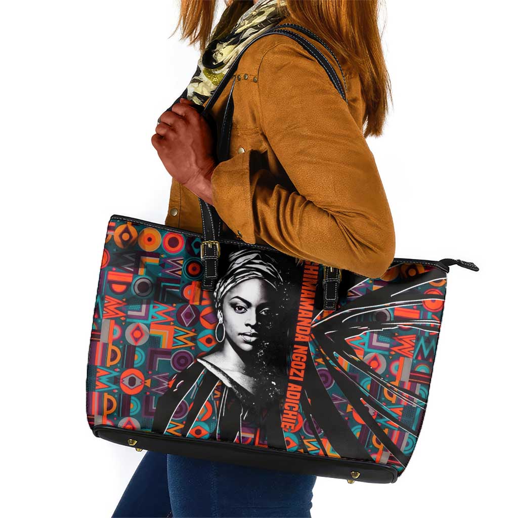 Chimamanda Ngozi Adichie Leather Tote Bag with Monochrome Portrait, The Danger of a Single Story Quote - African Pride