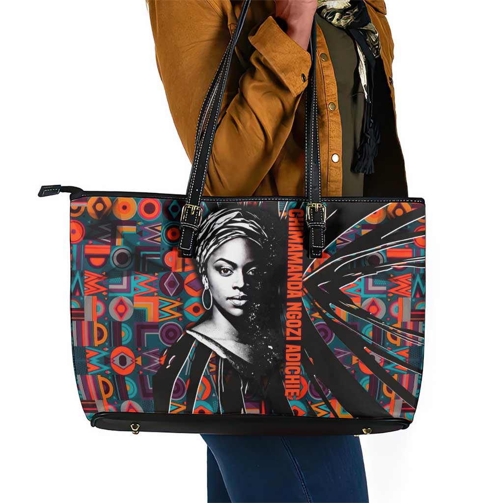 Chimamanda Ngozi Adichie Leather Tote Bag with Monochrome Portrait, The Danger of a Single Story Quote - African Pride