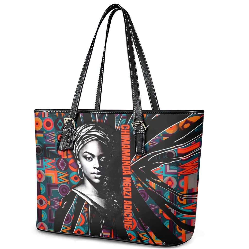 Chimamanda Ngozi Adichie Leather Tote Bag with Monochrome Portrait, The Danger of a Single Story Quote - African Pride