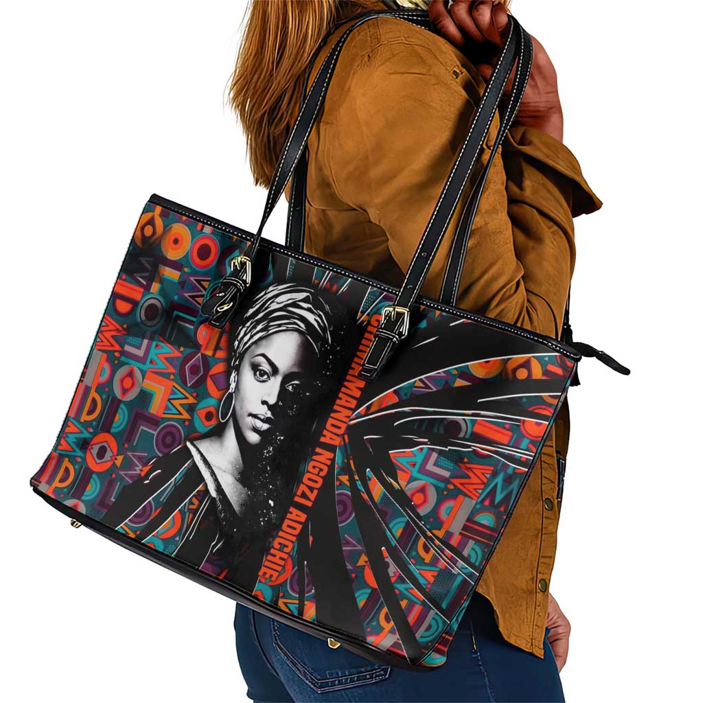 Chimamanda Ngozi Adichie Leather Tote Bag with Monochrome Portrait, The Danger of a Single Story Quote - African Pride