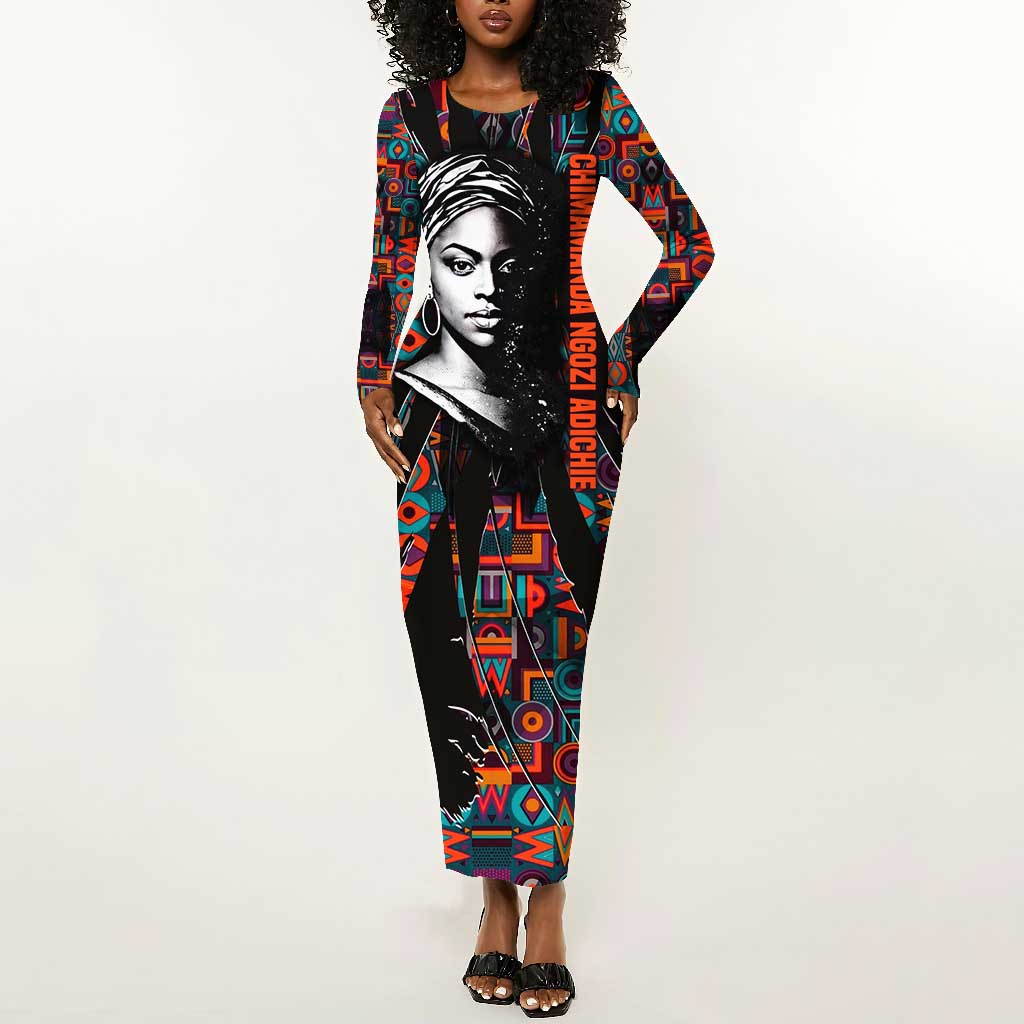 Chimamanda Ngozi Adichie Long Sleeve Bodycon Dress with Monochrome Portrait, The Danger of a Single Story Quote - African Pride