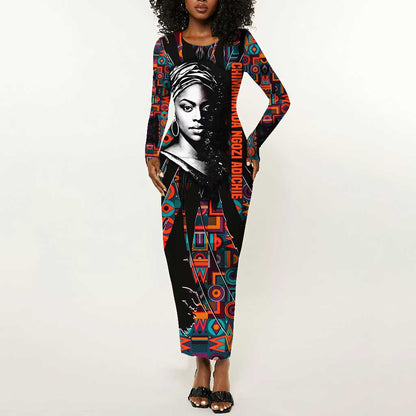 Chimamanda Ngozi Adichie Long Sleeve Bodycon Dress with Monochrome Portrait, The Danger of a Single Story Quote - African Pride