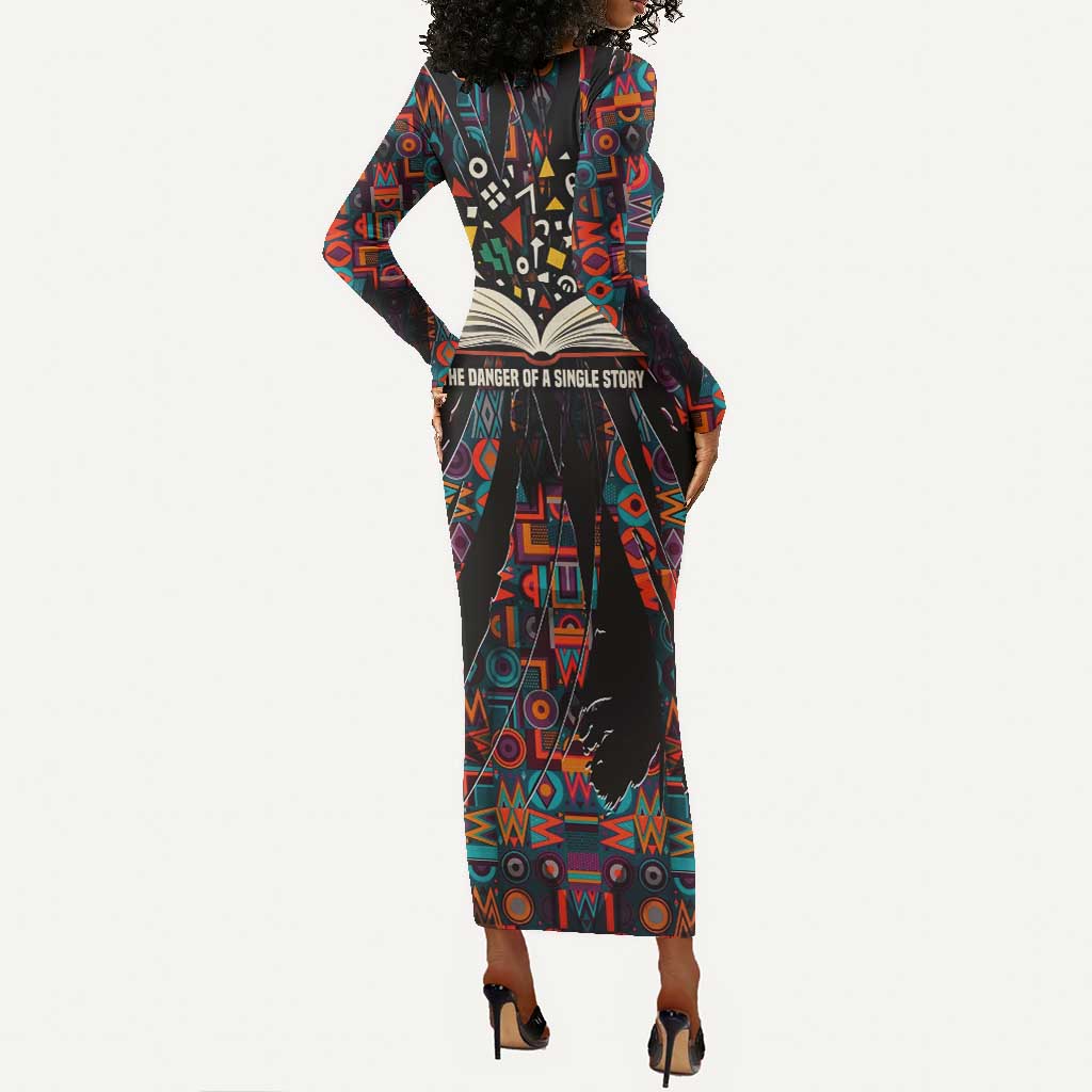Chimamanda Ngozi Adichie Long Sleeve Bodycon Dress with Monochrome Portrait, The Danger of a Single Story Quote - African Pride