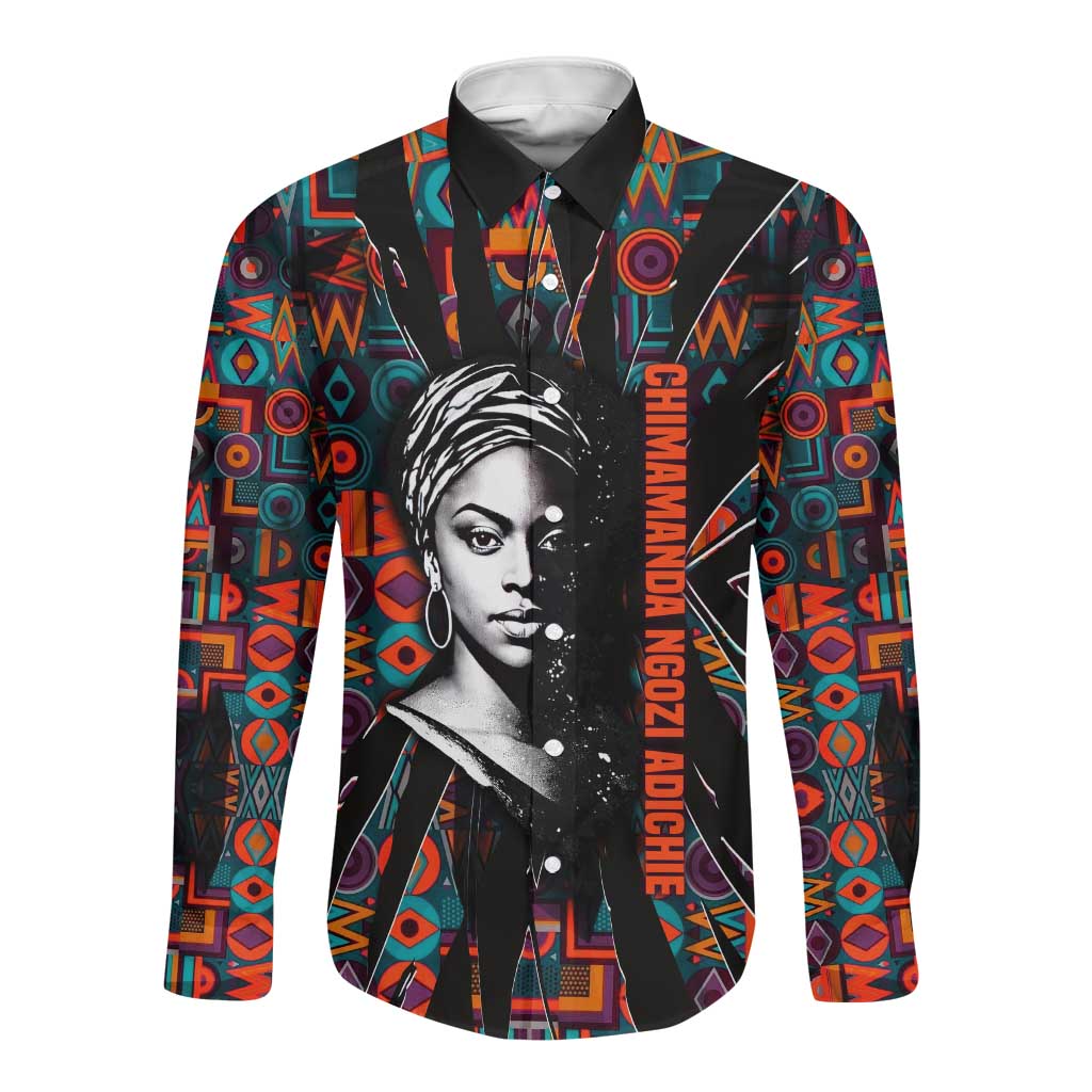 Chimamanda Ngozi Adichie Long Sleeve Button Shirt with Monochrome Portrait, The Danger of a Single Story Quote - African Pride