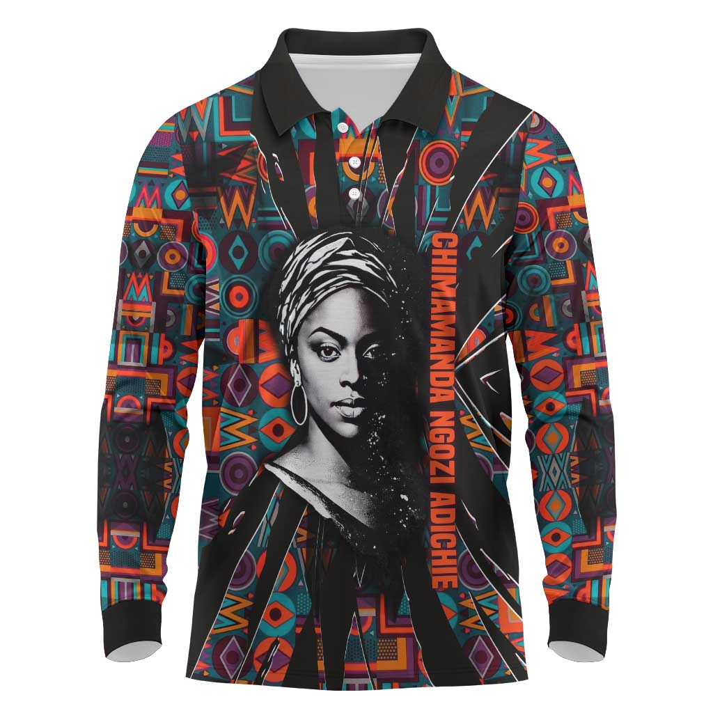 Chimamanda Ngozi Adichie Long Sleeve Polo Shirt with Monochrome Portrait, The Danger of a Single Story Quote - African Pride