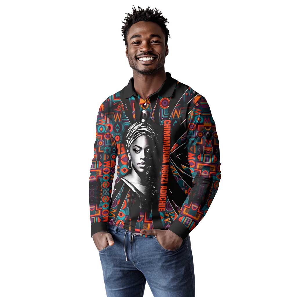 Chimamanda Ngozi Adichie Long Sleeve Polo Shirt with Monochrome Portrait, The Danger of a Single Story Quote - African Pride