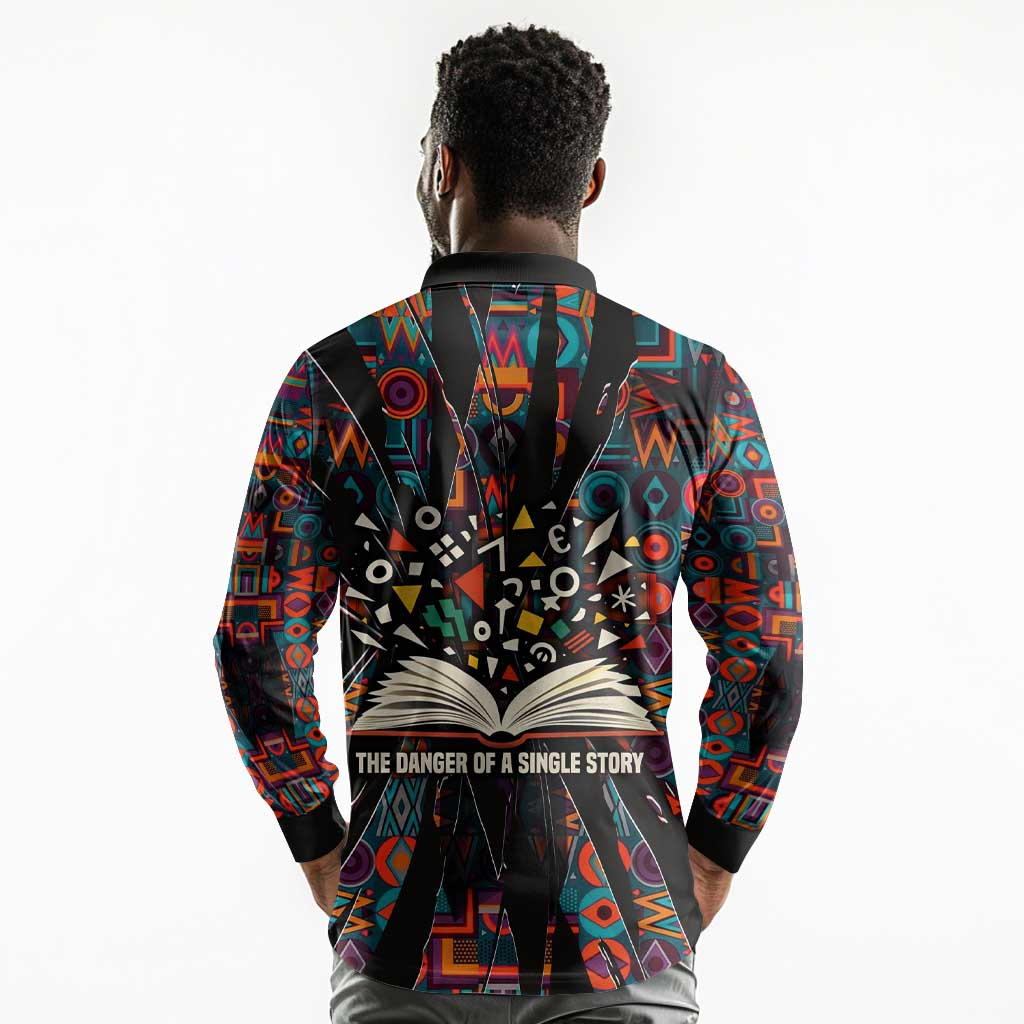 Chimamanda Ngozi Adichie Long Sleeve Polo Shirt with Monochrome Portrait, The Danger of a Single Story Quote - African Pride