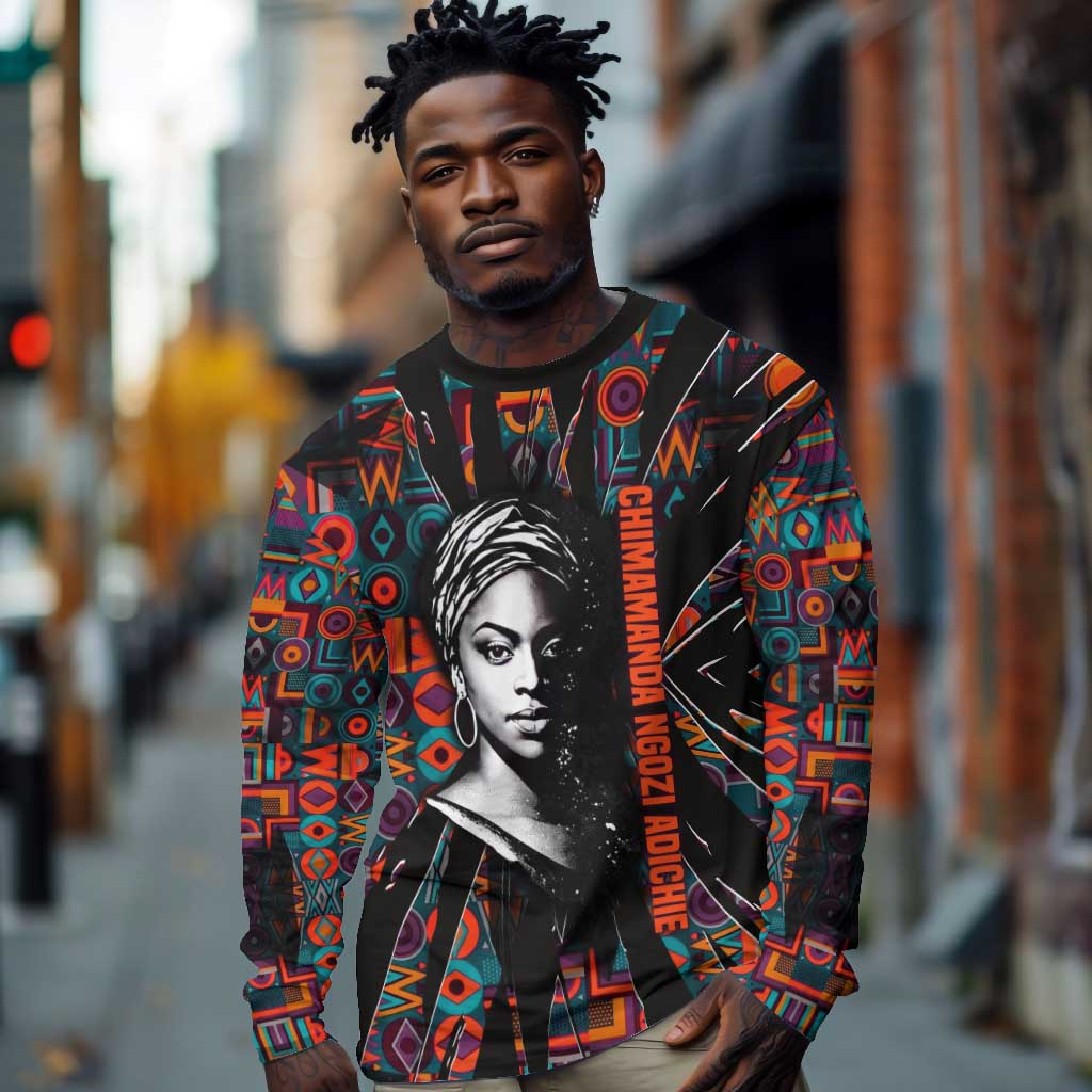 Chimamanda Ngozi Adichie Long Sleeve Shirt with Monochrome Portrait, The Danger of a Single Story Quote - African Pride