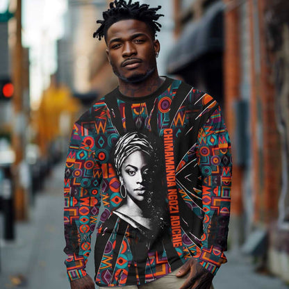 Chimamanda Ngozi Adichie Long Sleeve Shirt with Monochrome Portrait, The Danger of a Single Story Quote - African Pride