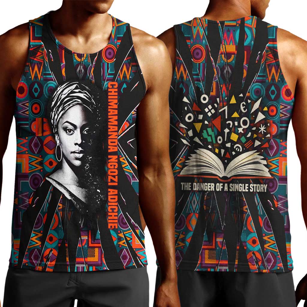 Chimamanda Ngozi Adichie Men Tank Top with Monochrome Portrait, The Danger of a Single Story Quote - African Pride