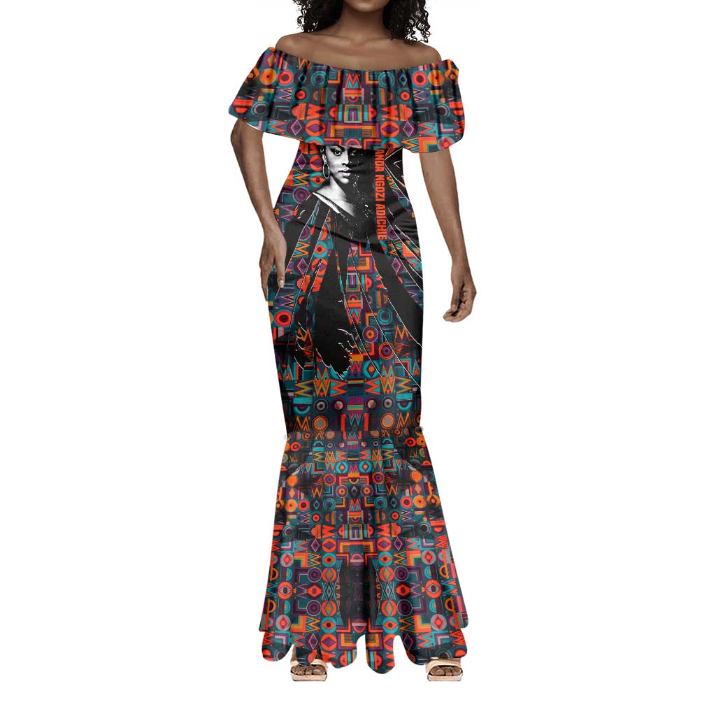 Chimamanda Ngozi Adichie Mermaid Dress with Monochrome Portrait, The Danger of a Single Story Quote - African Pride