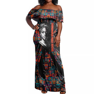 Chimamanda Ngozi Adichie Off Shoulder Maxi Dress with Monochrome Portrait, The Danger of a Single Story Quote - African Pride