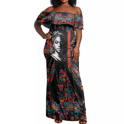 Chimamanda Ngozi Adichie Off Shoulder Maxi Dress with Monochrome Portrait, The Danger of a Single Story Quote - African Pride