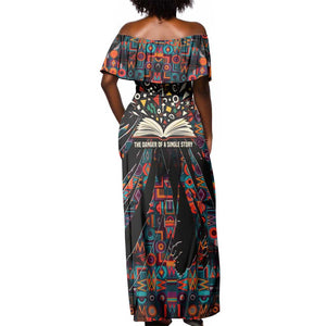 Chimamanda Ngozi Adichie Off Shoulder Maxi Dress with Monochrome Portrait, The Danger of a Single Story Quote - African Pride