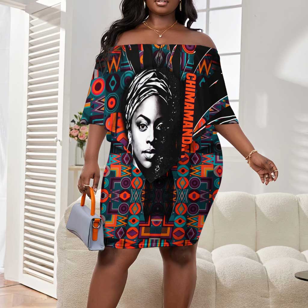 Chimamanda Ngozi Adichie Off Shoulder Short Dress with Monochrome Portrait, The Danger of a Single Story Quote - African Pride