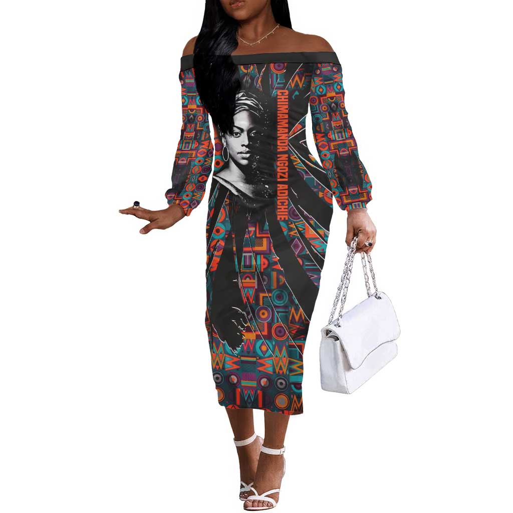 Chimamanda Ngozi Adichie Off The Shoulder Long Sleeve Dress with Monochrome Portrait, The Danger of a Single Story Quote - African Pride