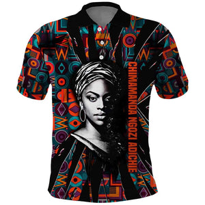 Chimamanda Ngozi Adichie Polo Shirt with Monochrome Portrait, The Danger of a Single Story Quote - African Pride