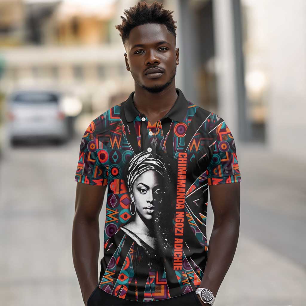 Chimamanda Ngozi Adichie Polo Shirt with Monochrome Portrait, The Danger of a Single Story Quote - African Pride