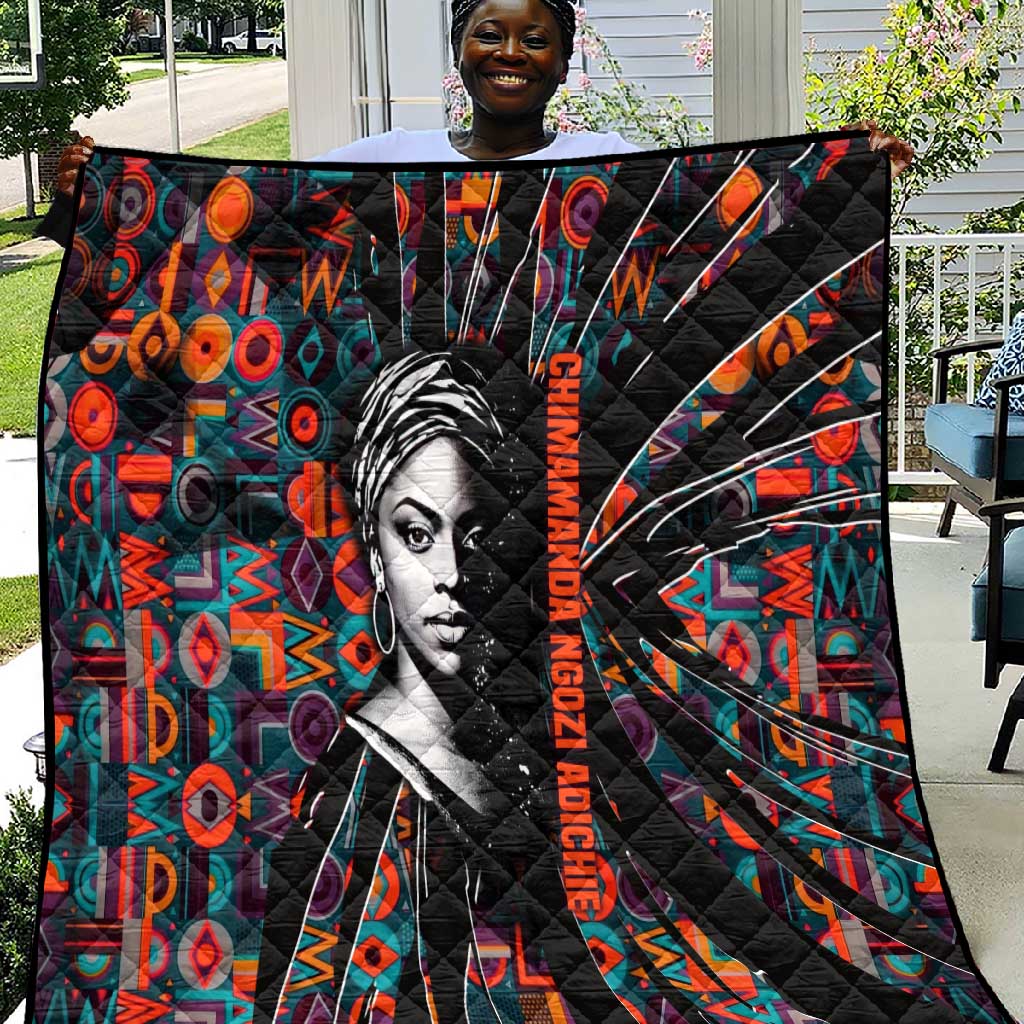 Chimamanda Ngozi Adichie Quilt with Monochrome Portrait, The Danger of a Single Story Quote - African Pride