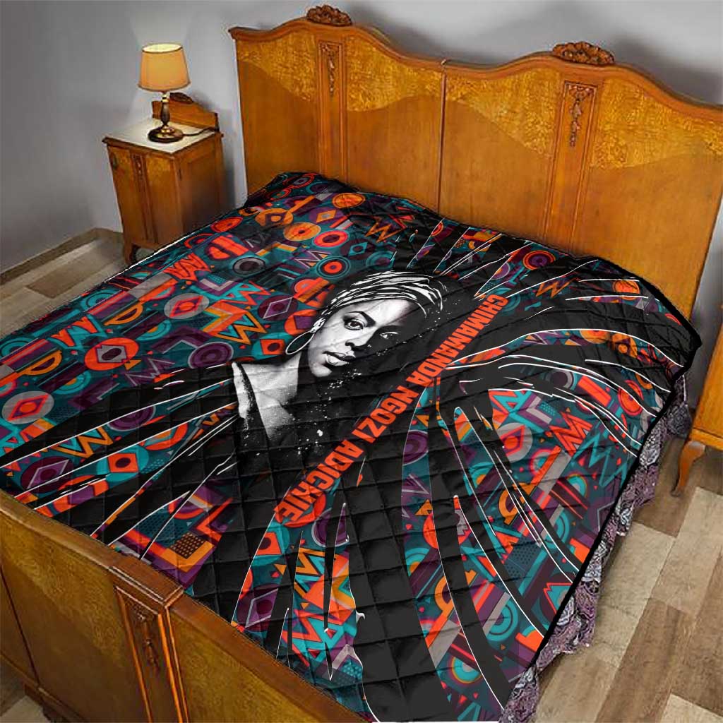 Chimamanda Ngozi Adichie Quilt with Monochrome Portrait, The Danger of a Single Story Quote - African Pride