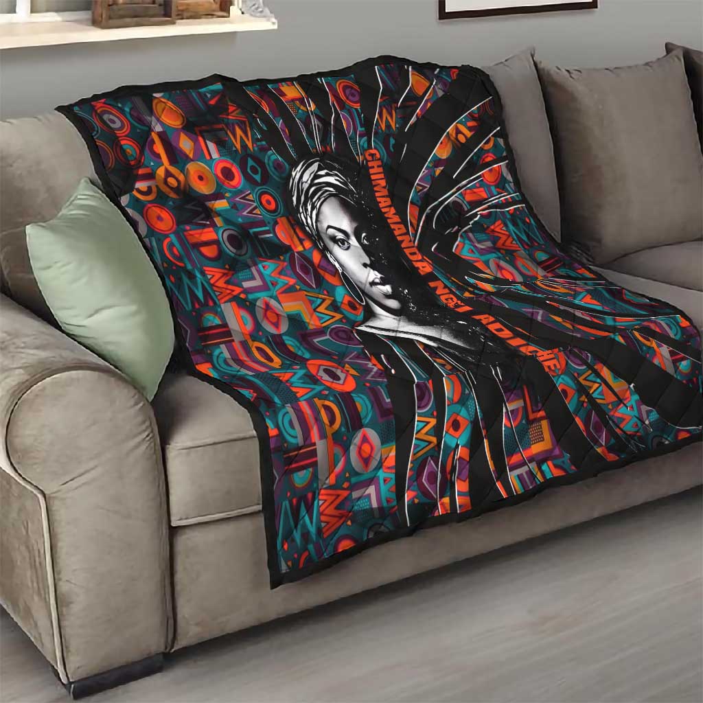 Chimamanda Ngozi Adichie Quilt with Monochrome Portrait, The Danger of a Single Story Quote - African Pride