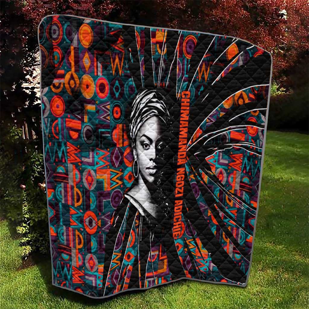 Chimamanda Ngozi Adichie Quilt with Monochrome Portrait, The Danger of a Single Story Quote - African Pride