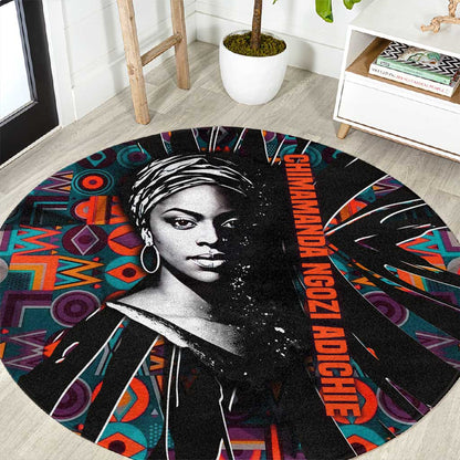Chimamanda Ngozi Adichie Round Carpet with Monochrome Portrait, The Danger of a Single Story Quote - African Pride