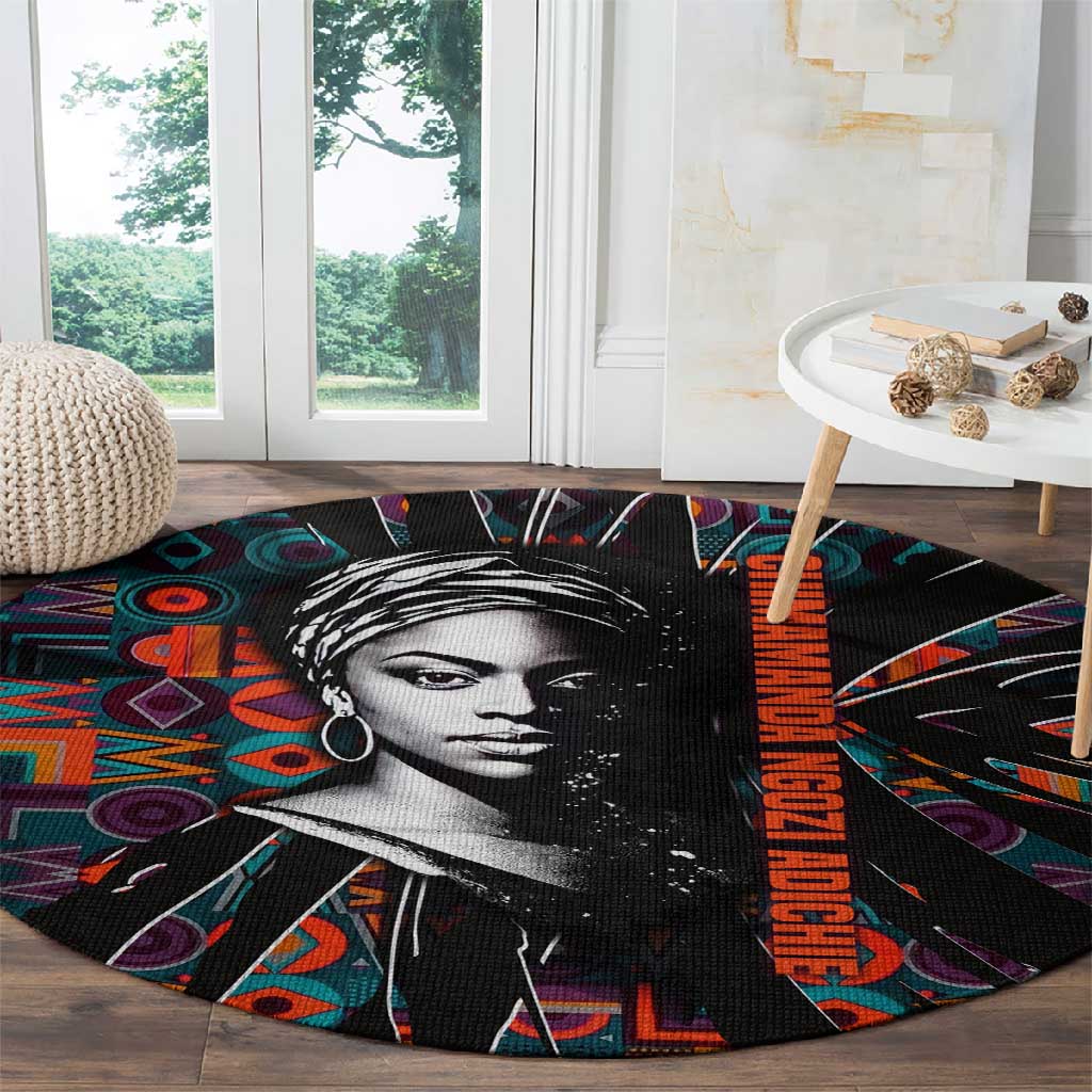 Chimamanda Ngozi Adichie Round Carpet with Monochrome Portrait, The Danger of a Single Story Quote - African Pride