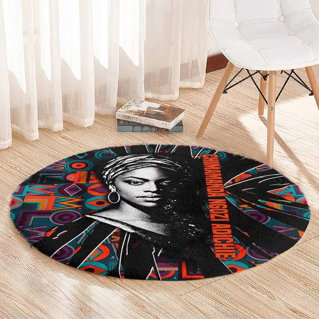Chimamanda Ngozi Adichie Round Carpet with Monochrome Portrait, The Danger of a Single Story Quote - African Pride