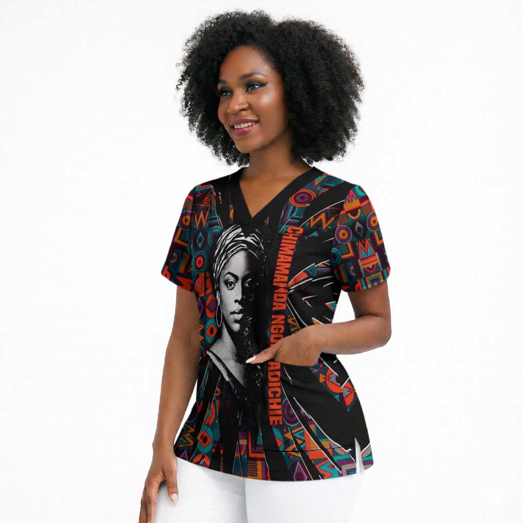 Chimamanda Ngozi Adichie Scrub Top with Monochrome Portrait, The Danger of a Single Story Quote - African Pride