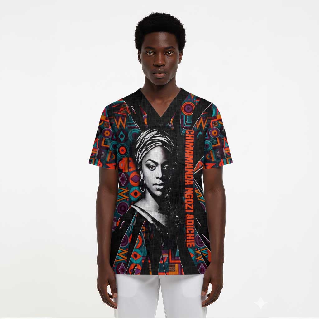 Chimamanda Ngozi Adichie Scrub Top with Monochrome Portrait, The Danger of a Single Story Quote - African Pride