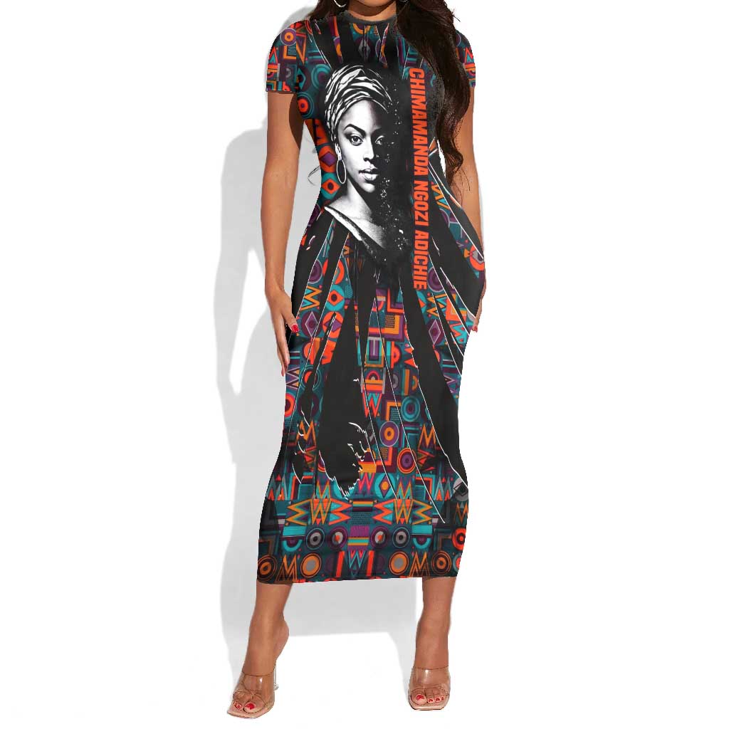Chimamanda Ngozi Adichie Short Sleeve Bodycon Dress with Monochrome Portrait, The Danger of a Single Story Quote - African Pride
