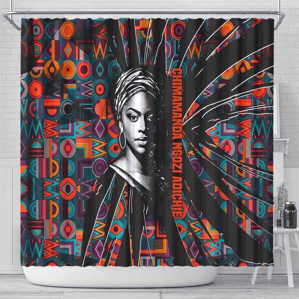 Chimamanda Ngozi Adichie Shower Curtain with Monochrome Portrait, The Danger of a Single Story Quote - African Pride