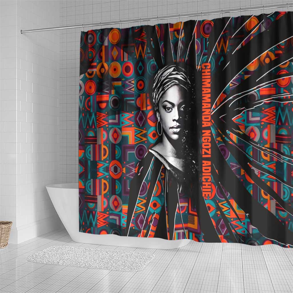 Chimamanda Ngozi Adichie Shower Curtain with Monochrome Portrait, The Danger of a Single Story Quote - African Pride
