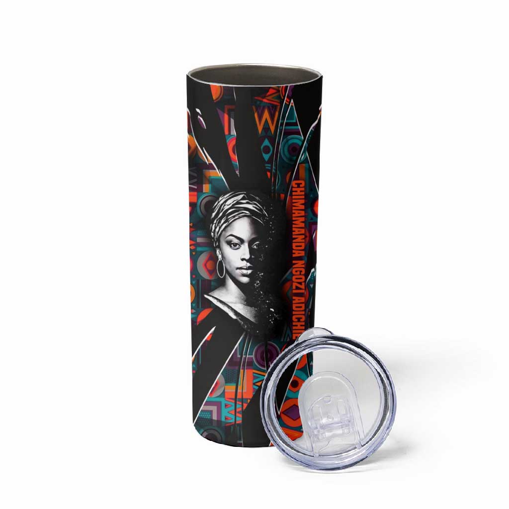 Chimamanda Ngozi Adichie Skinny Tumbler with Monochrome Portrait, The Danger of a Single Story Quote - African Pride