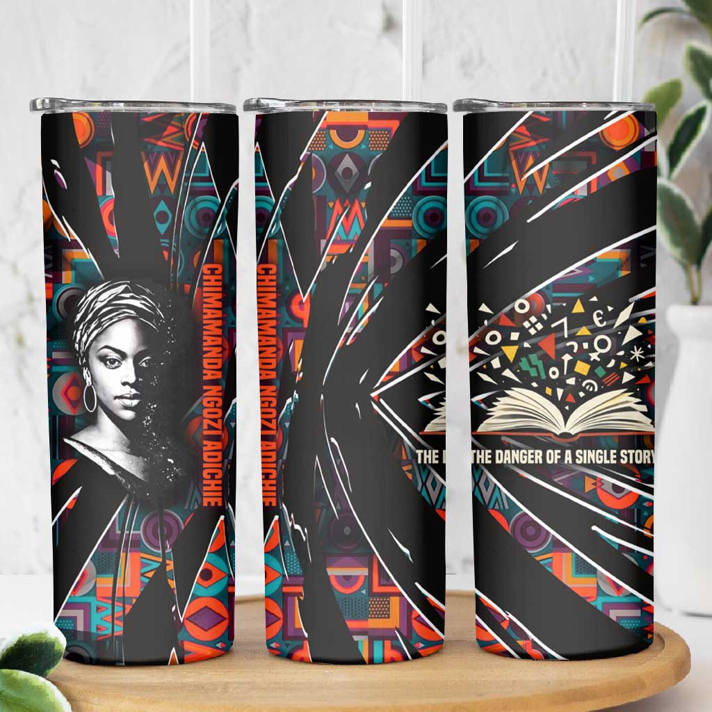 Chimamanda Ngozi Adichie Skinny Tumbler with Monochrome Portrait, The Danger of a Single Story Quote - African Pride
