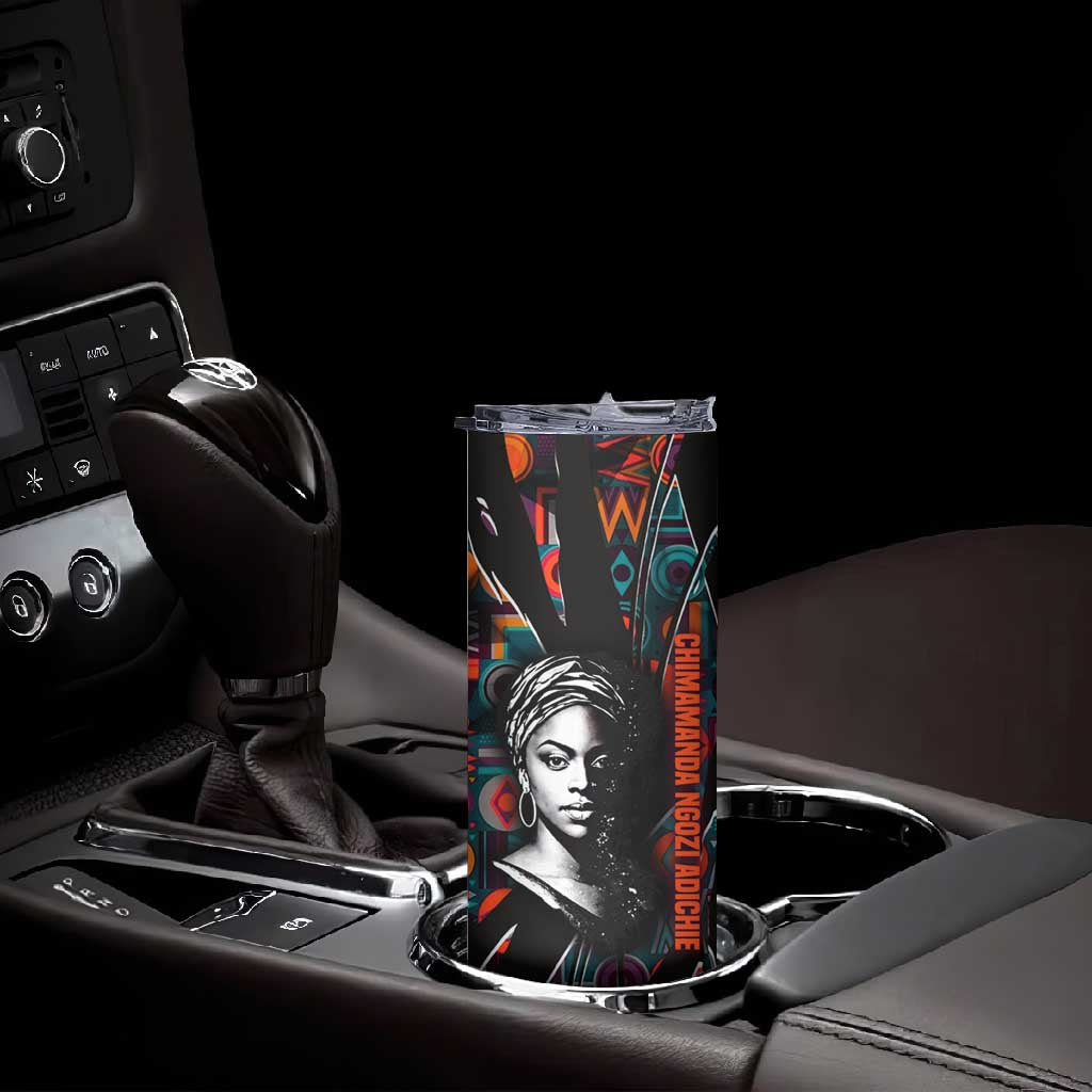 Chimamanda Ngozi Adichie Skinny Tumbler with Monochrome Portrait, The Danger of a Single Story Quote - African Pride
