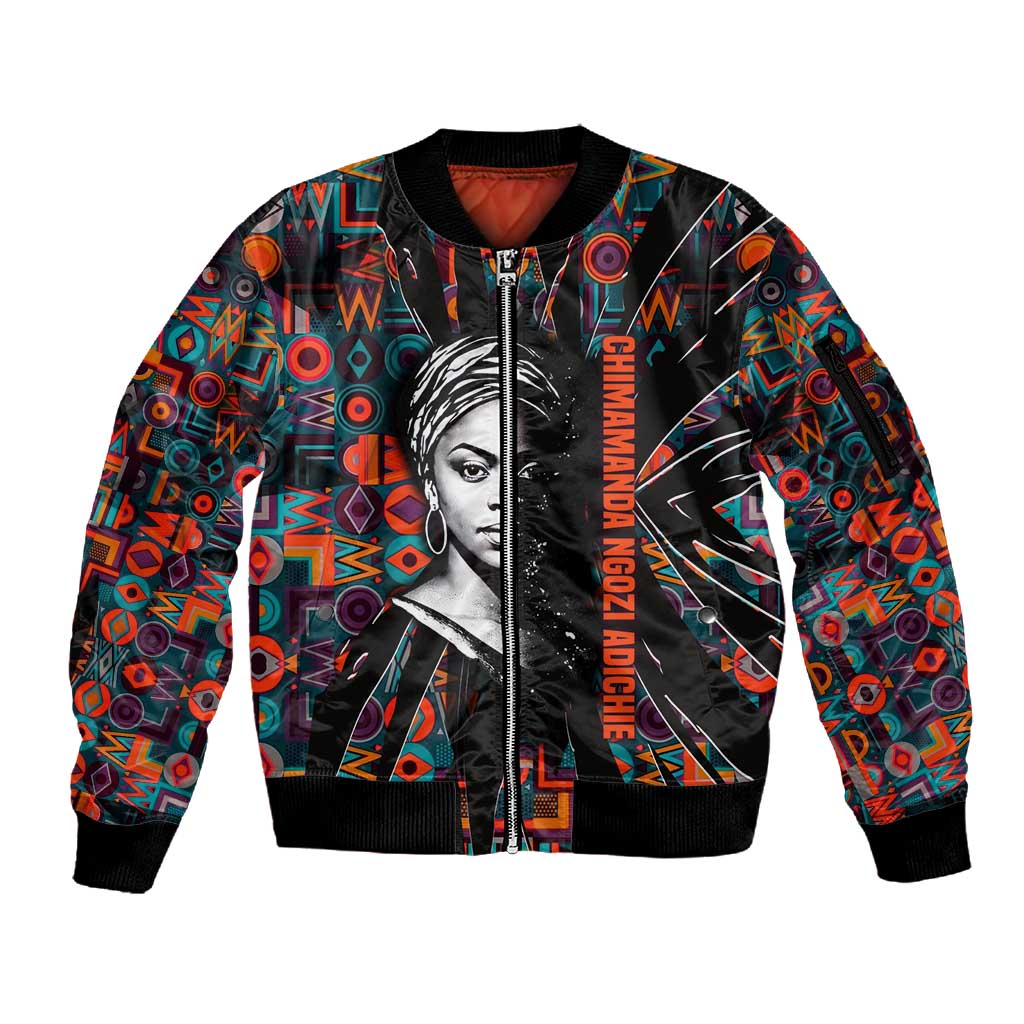 Chimamanda Ngozi Adichie Sleeve Zip Bomber Jacket with Monochrome Portrait, The Danger of a Single Story Quote - African Pride