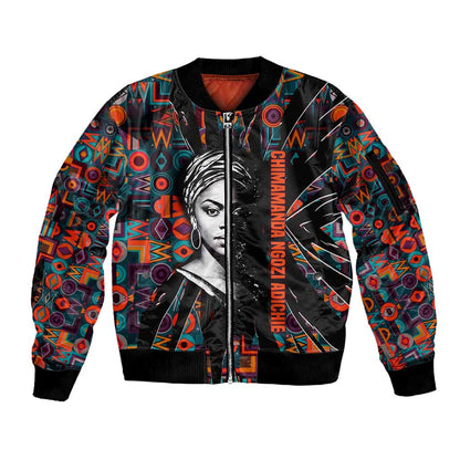Chimamanda Ngozi Adichie Sleeve Zip Bomber Jacket with Monochrome Portrait, The Danger of a Single Story Quote - African Pride