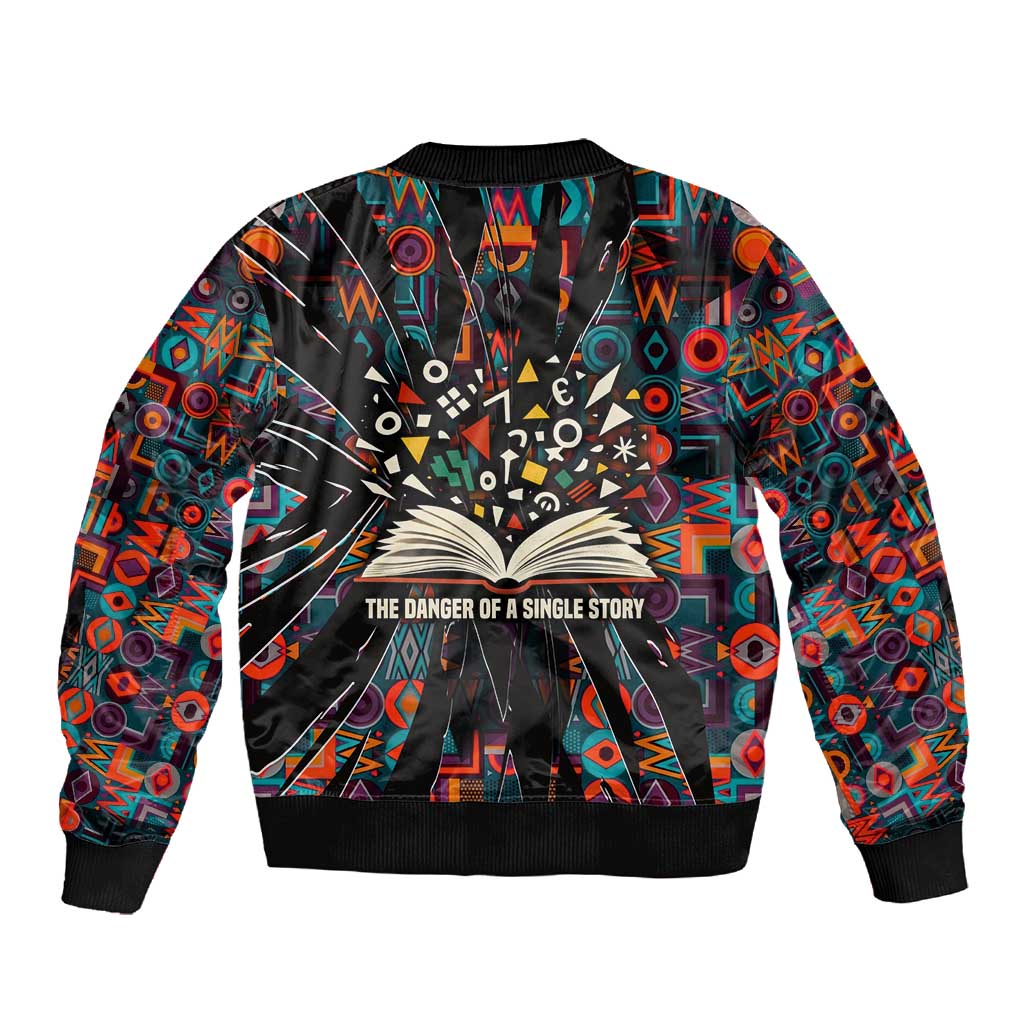 Chimamanda Ngozi Adichie Sleeve Zip Bomber Jacket with Monochrome Portrait, The Danger of a Single Story Quote - African Pride